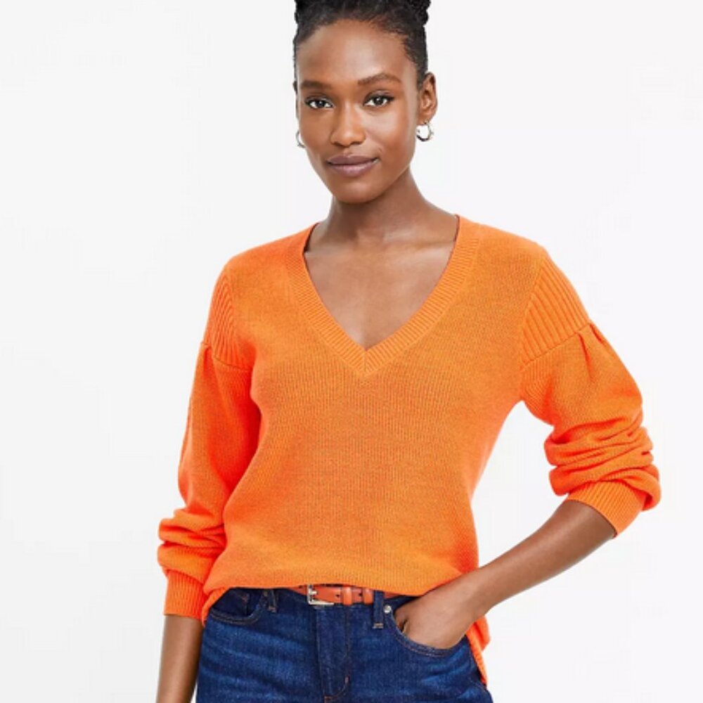 Loft Women's Honeycomb Stitch V-Neck Sweater Size XSP Petite Orange Ribbed Shirt
